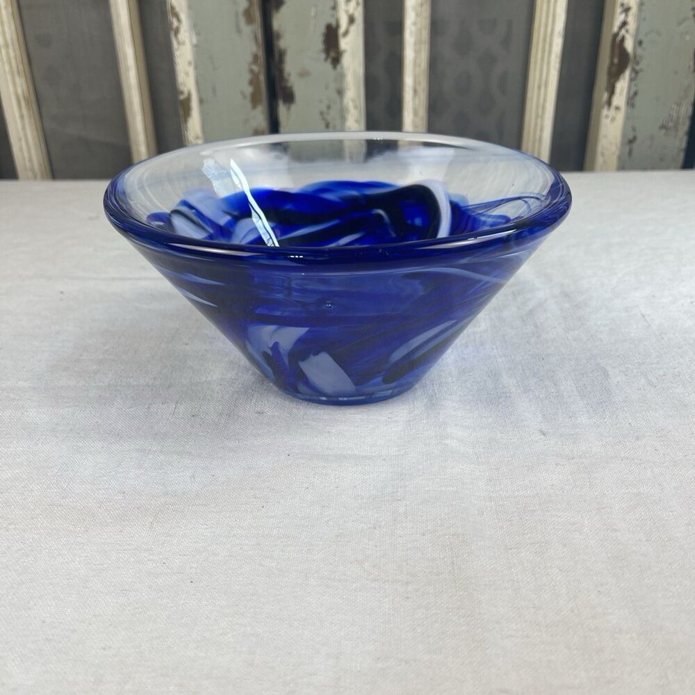 Kosta Boda Swedish Art Glass Bowl Cobalt Blue Swirl Signed Modern Scandinavian - Picture 4 of 8